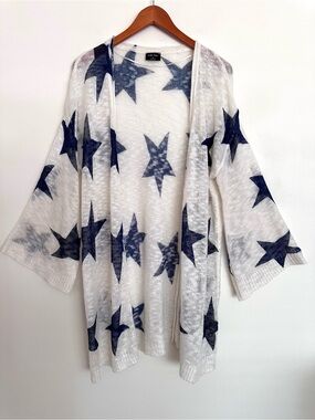 Blank Paige Open-Front Star Pattern Cardigan - White & Blue Size Medium Large